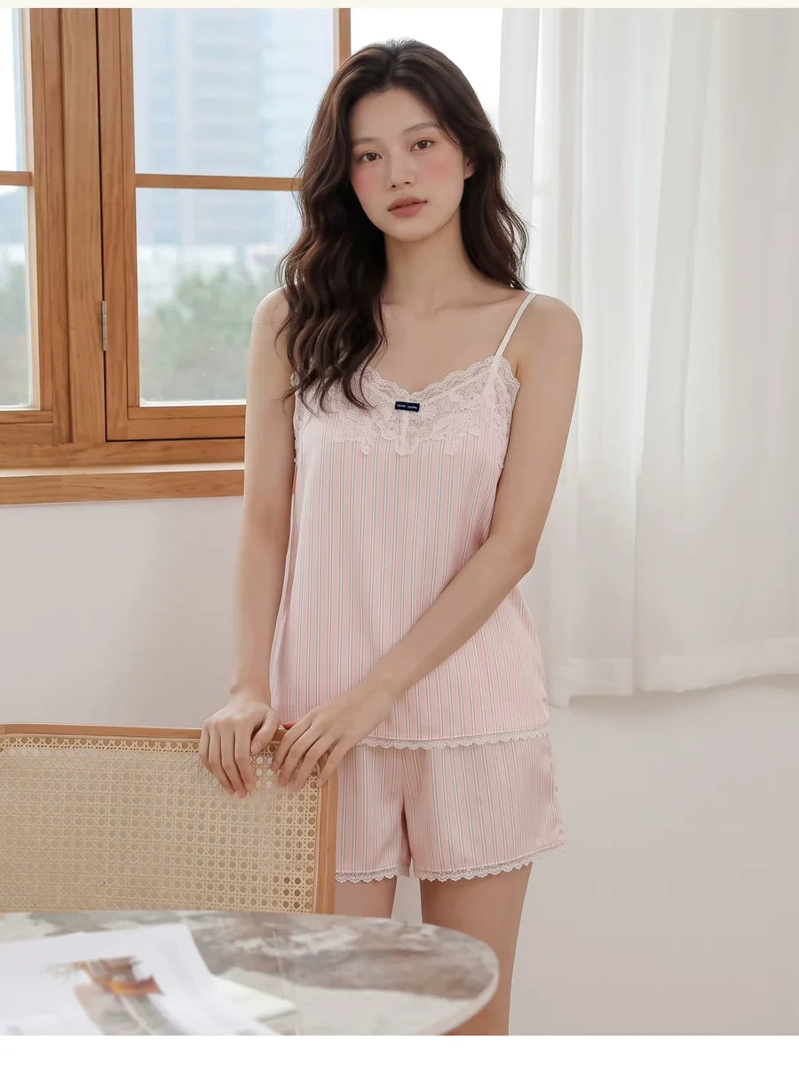 Pigiama Seta Ghiaccio con Pizzo - Set 2 Pezzi Donna